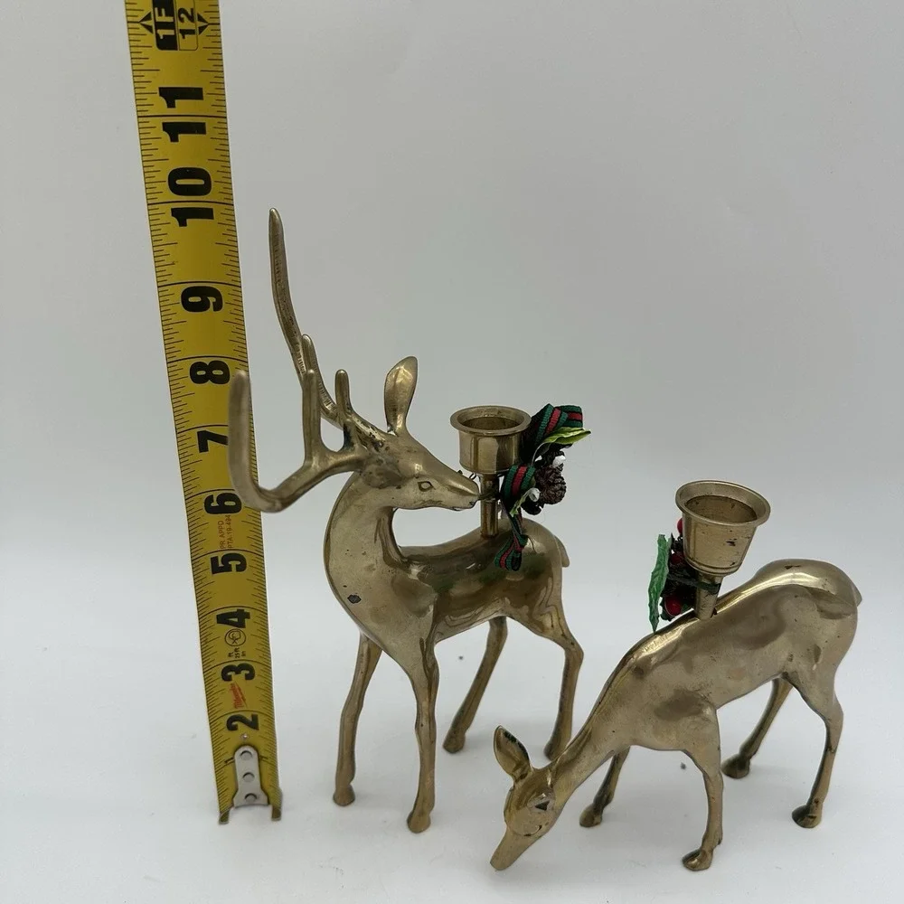 2 Vintage Brass Reindeer Candle Sticks Holders Buck and Doe Set Large Antlers